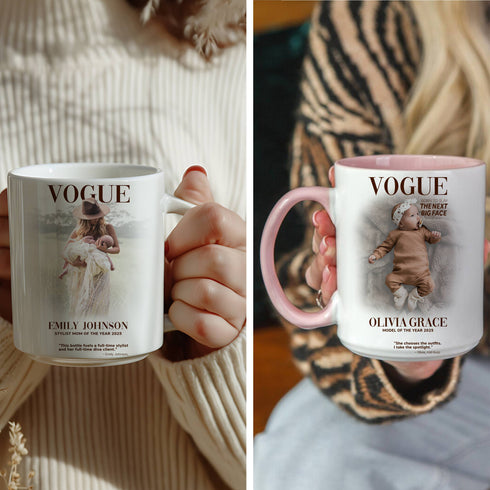 Custom VOGUE Style Mug for Mom & Baby – Personalized Photo, Name & Quote Gift